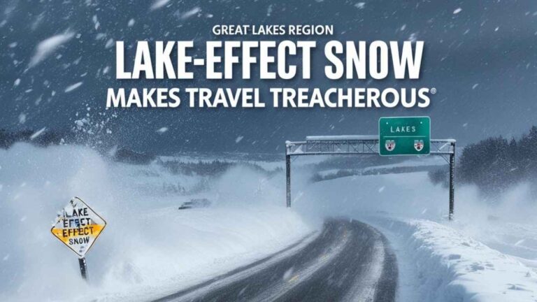 lake-effect snow across the great lakes region makes travel treacherous.